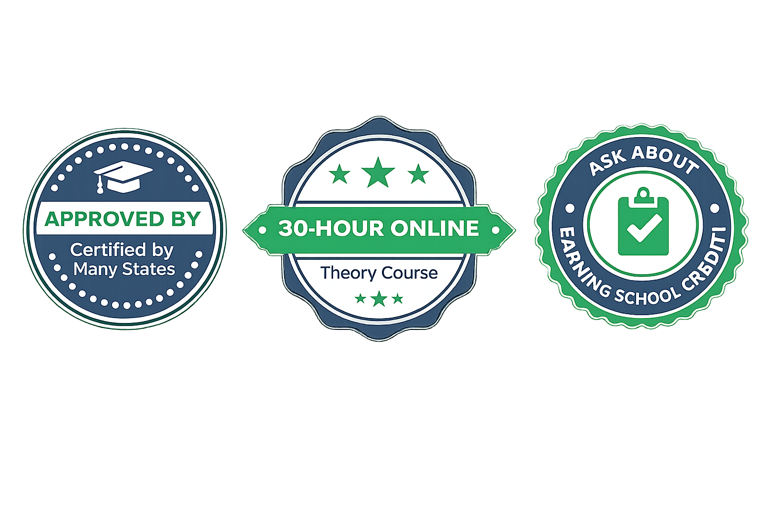 Trust badges: Approved by PA Dept of Education, 30-Hour Online Theory Course, Ask about earning school credit